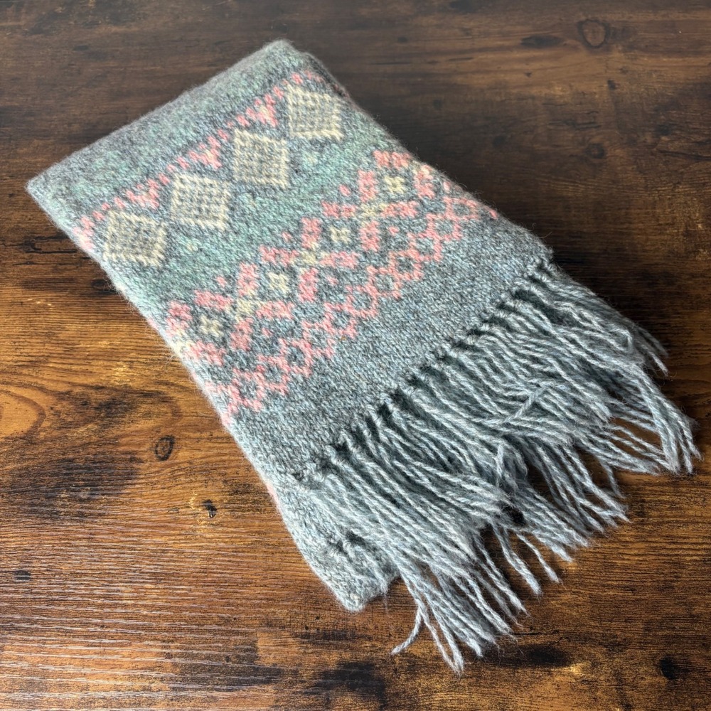 Vintage Eddie Bauer Wool Scarf Fair Isle Knit Fringed Sage Green Pink USA Made